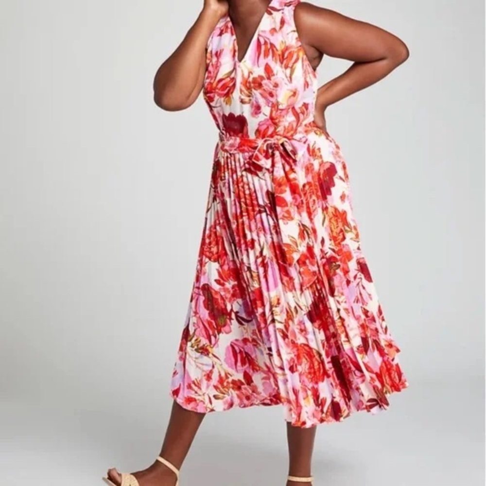 Lane Bryant Pink and Red Floral Sleeveless Pleated Midi Dress